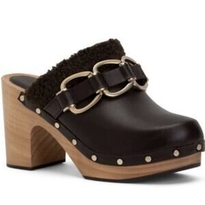 Maje Fran Brown Gold Chain Link 41 10 Studded Leather Mules Clogs Wooden NWOB